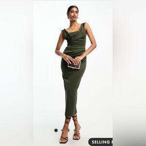 ASOS square neck pleat bust midi pencil dress